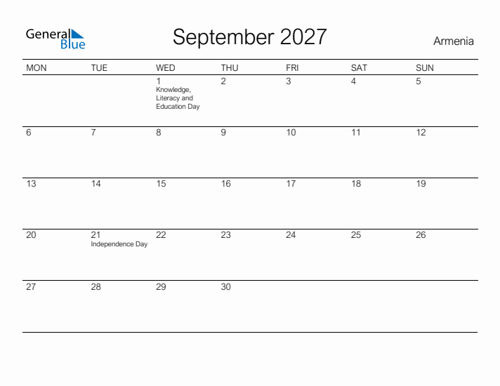 Printable September 2027 Calendar for Armenia