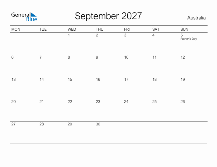 Printable September 2027 Calendar for Australia