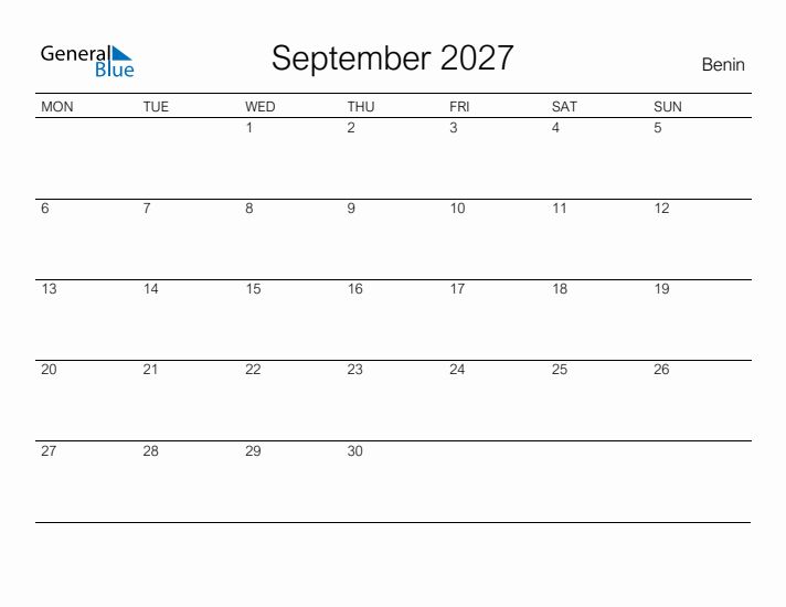 Printable September 2027 Calendar for Benin
