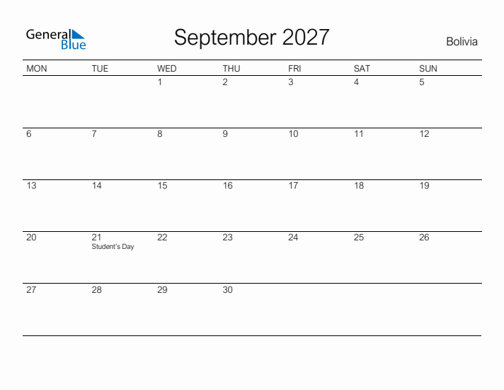 Printable September 2027 Calendar for Bolivia