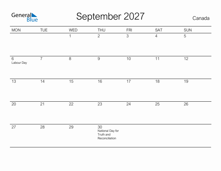 Printable September 2027 Calendar for Canada