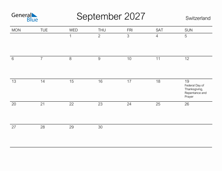 Printable September 2027 Calendar for Switzerland