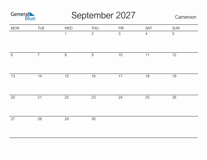 Printable September 2027 Calendar for Cameroon
