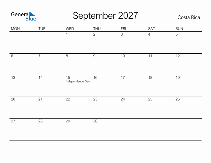 Printable September 2027 Calendar for Costa Rica