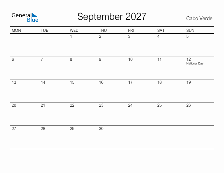 Printable September 2027 Calendar for Cabo Verde