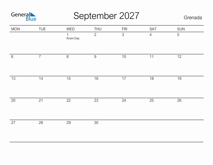 Printable September 2027 Calendar for Grenada