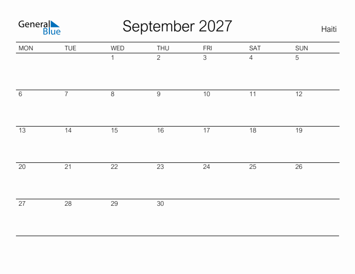 Printable September 2027 Calendar for Haiti