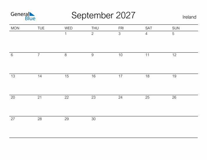 Printable September 2027 Calendar for Ireland