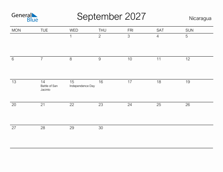 Printable September 2027 Calendar for Nicaragua