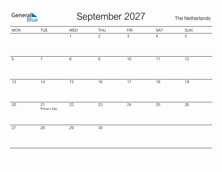 Printable September 2027 Calendar for The Netherlands