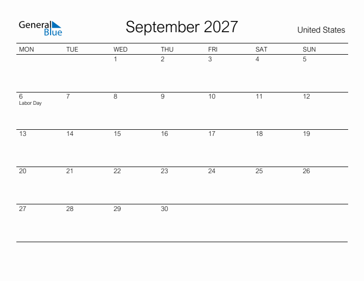 Printable September 2027 Calendar for United States