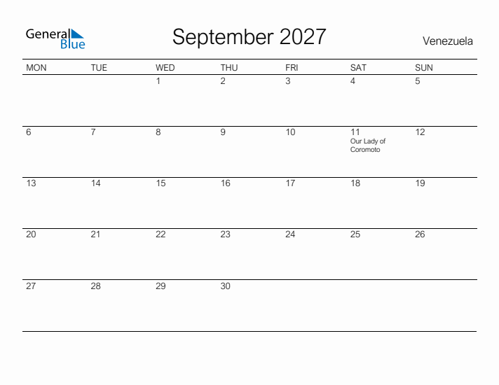 Printable September 2027 Calendar for Venezuela