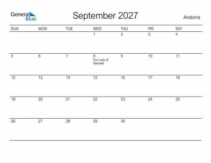 Printable September 2027 Calendar for Andorra