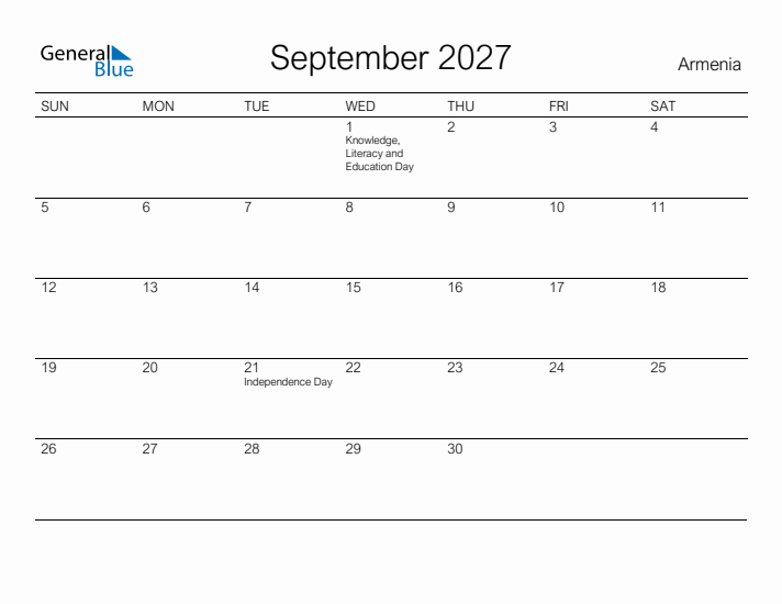 Printable September 2027 Calendar for Armenia