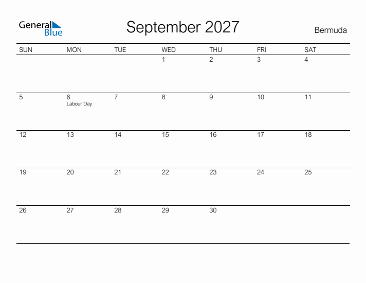 Printable September 2027 Calendar for Bermuda