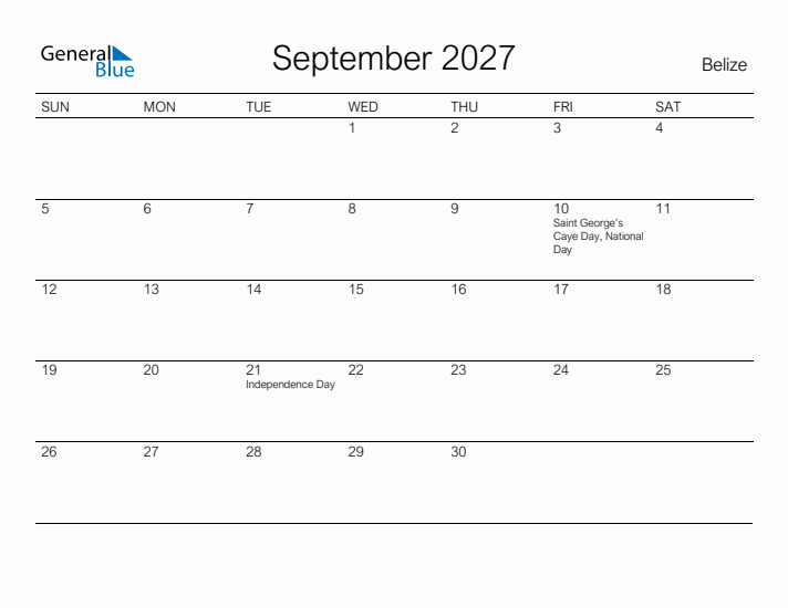 Printable September 2027 Calendar for Belize