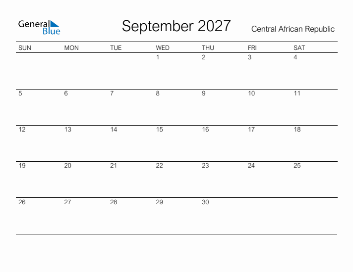 Printable September 2027 Calendar for Central African Republic