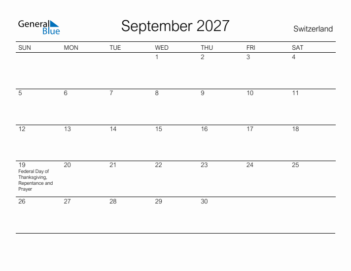 Printable September 2027 Calendar for Switzerland