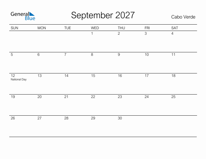 Printable September 2027 Calendar for Cabo Verde