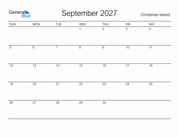 Printable September 2027 Calendar for Christmas Island