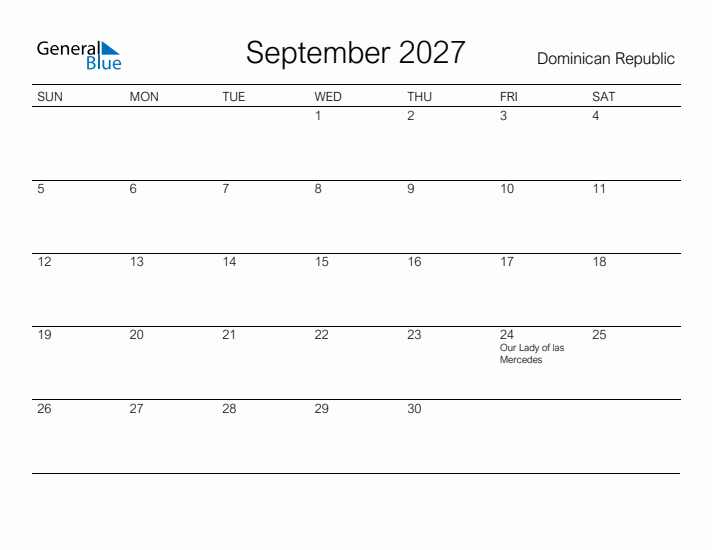 Printable September 2027 Calendar for Dominican Republic