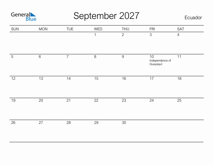 Printable September 2027 Calendar for Ecuador