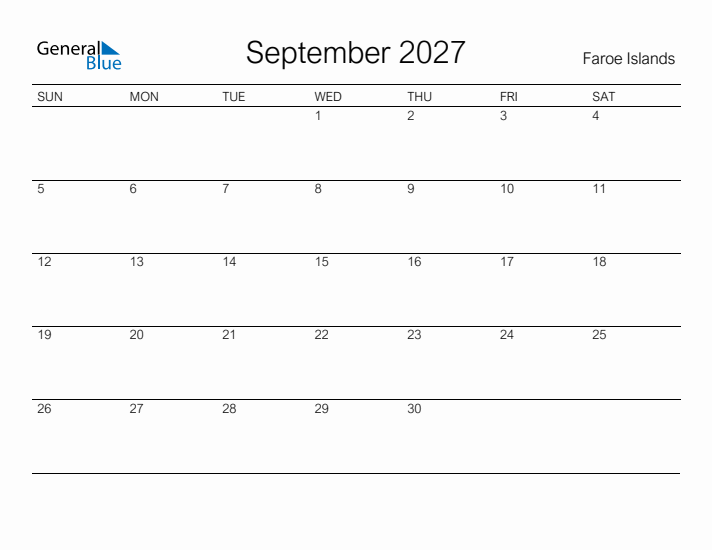 Printable September 2027 Calendar for Faroe Islands