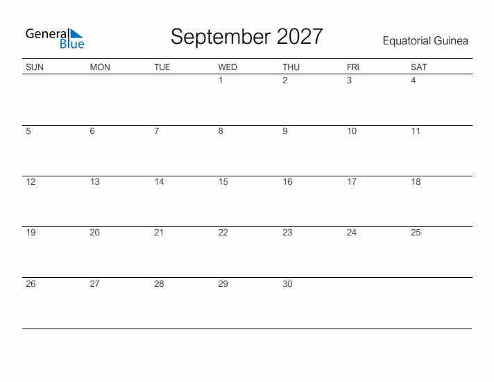 Printable September 2027 Calendar for Equatorial Guinea