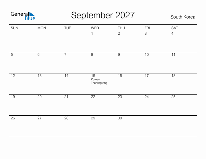 Printable September 2027 Calendar for South Korea