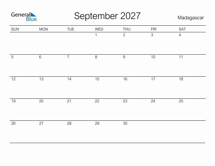 Printable September 2027 Calendar for Madagascar