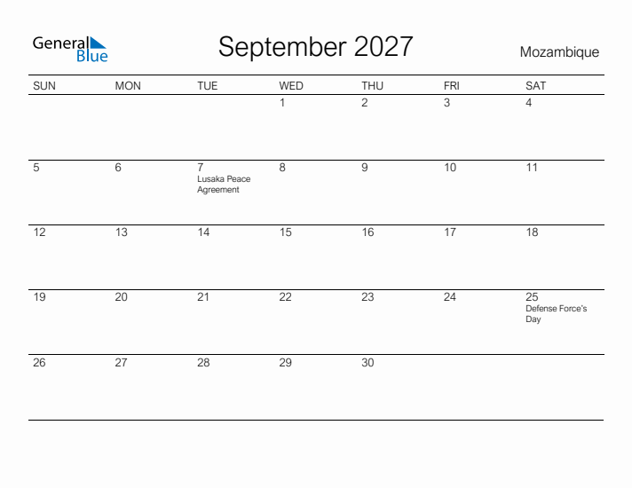 Printable September 2027 Calendar for Mozambique