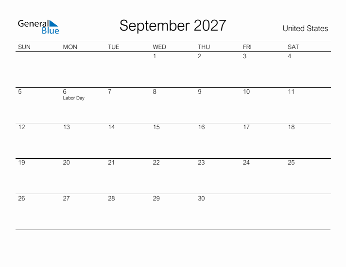 Printable September 2027 Calendar for United States