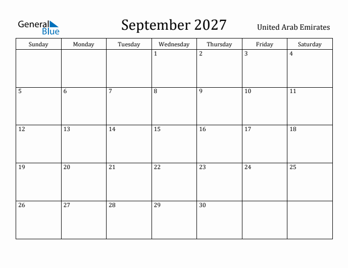 September 2027 Calendar United Arab Emirates