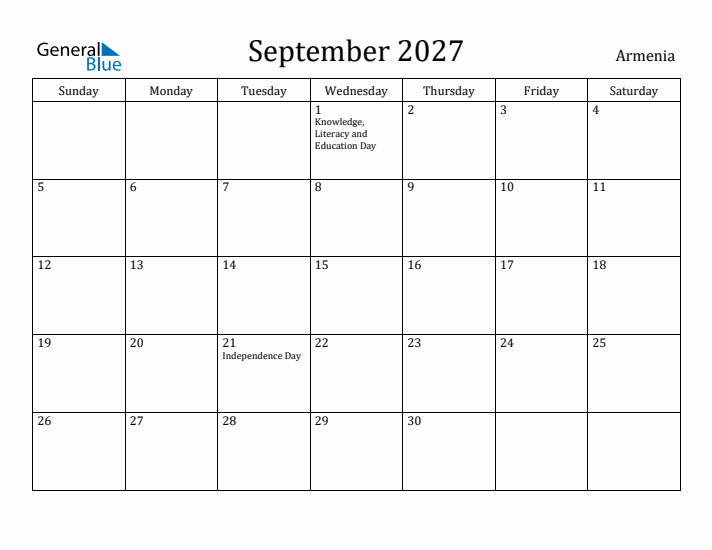 September 2027 Calendar Armenia