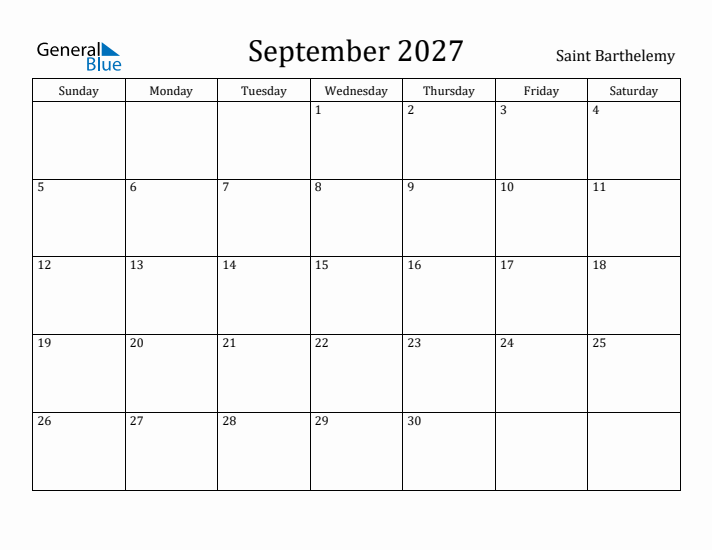 September 2027 Calendar Saint Barthelemy
