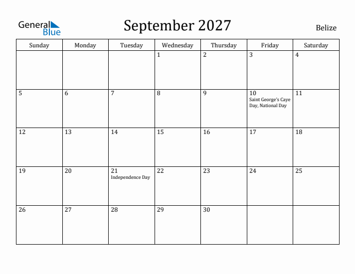 September 2027 Calendar Belize