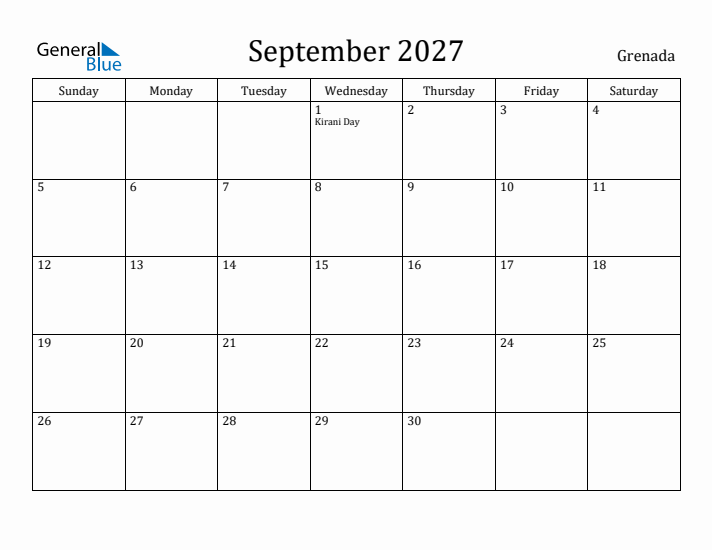 September 2027 Calendar Grenada