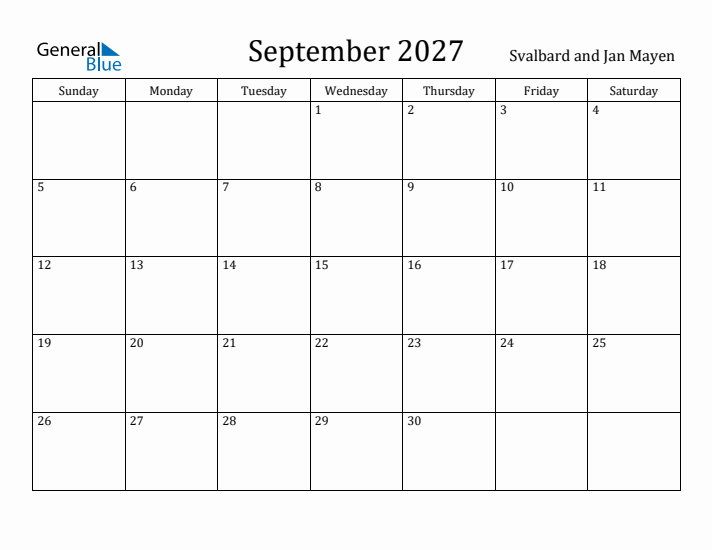 September 2027 Calendar Svalbard and Jan Mayen