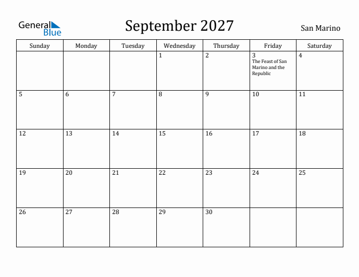September 2027 Calendar San Marino