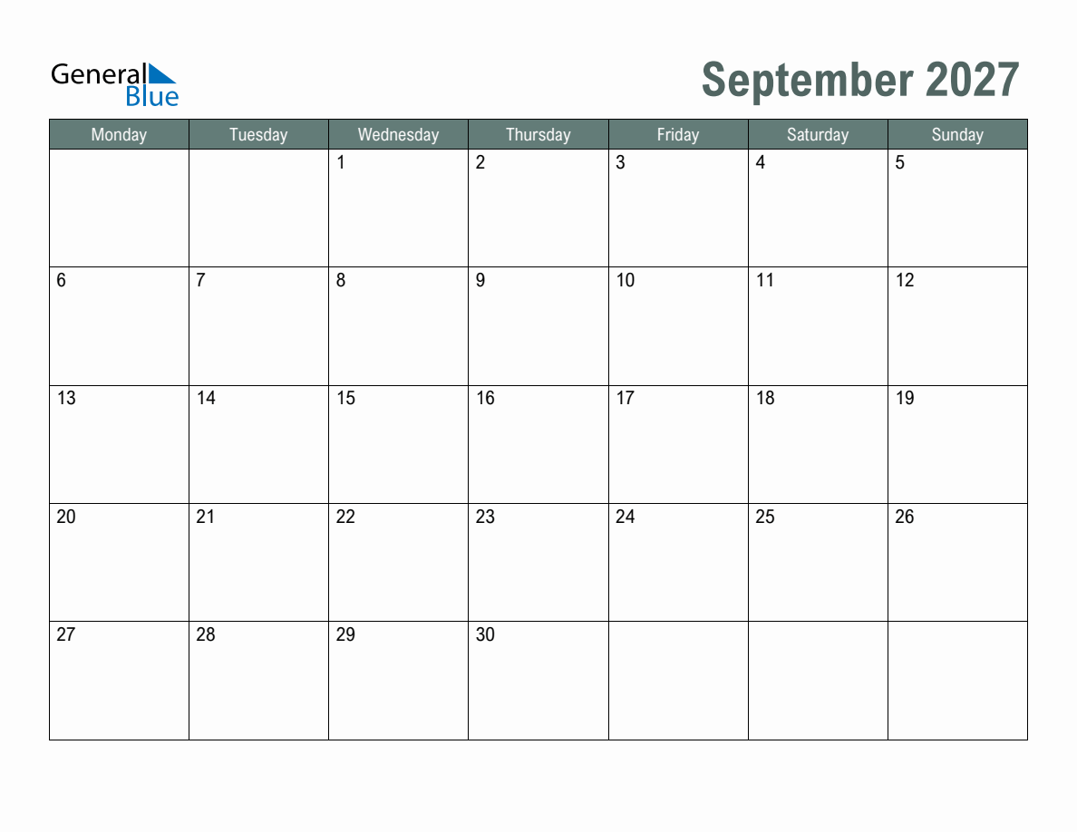 Blank September 2027 Monthly Calendar Template