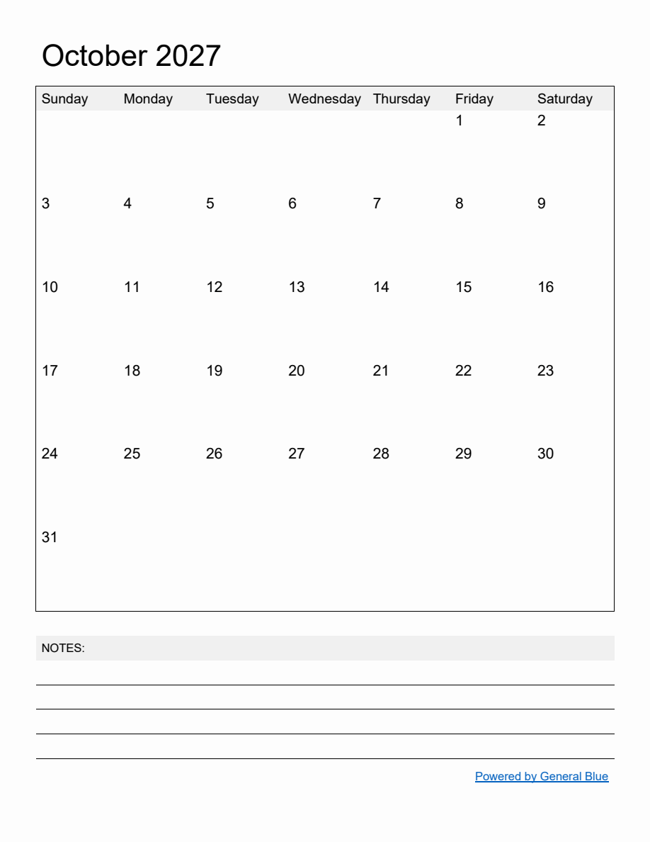 Free Printable Monthly Calendar for October 2027