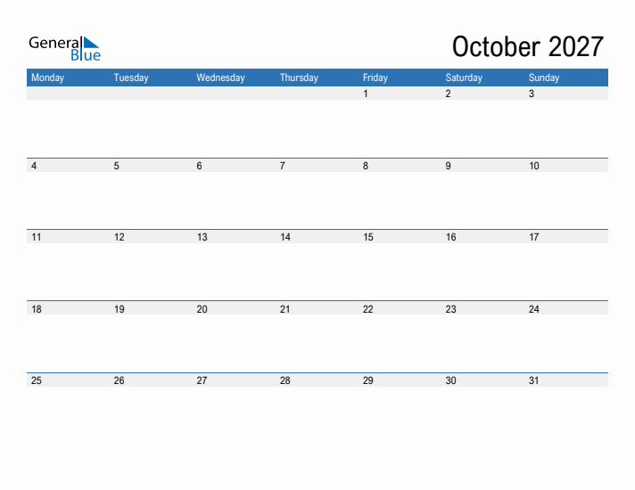 Fillable Calendar for October 2027