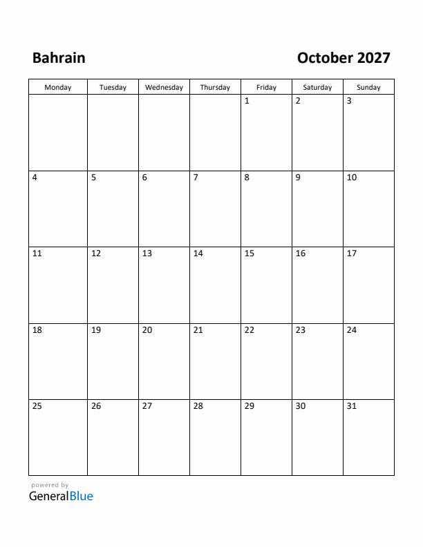 October 2027 Calendar with Bahrain Holidays