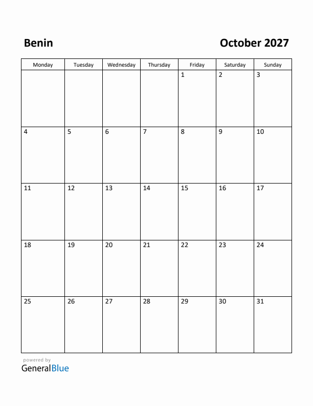 October 2027 Calendar with Benin Holidays