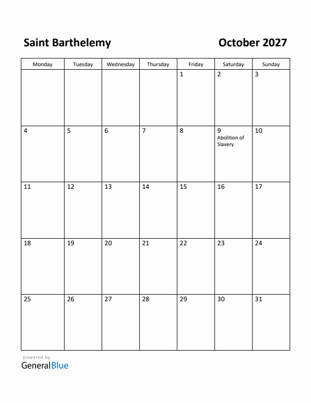 October 2027 Calendar with Saint Barthelemy Holidays
