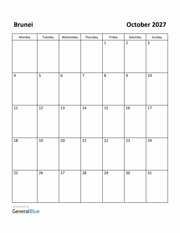 October 2027 Calendar with Brunei Holidays
