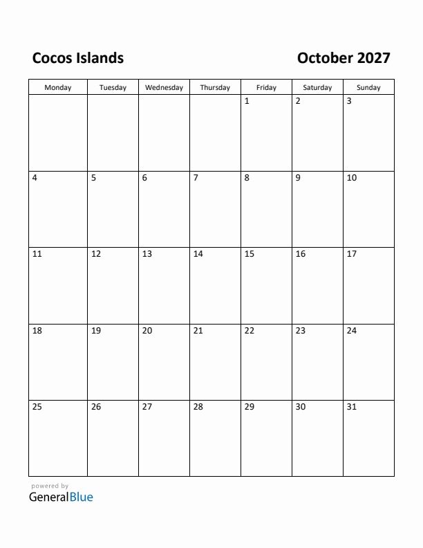 October 2027 Calendar with Cocos Islands Holidays