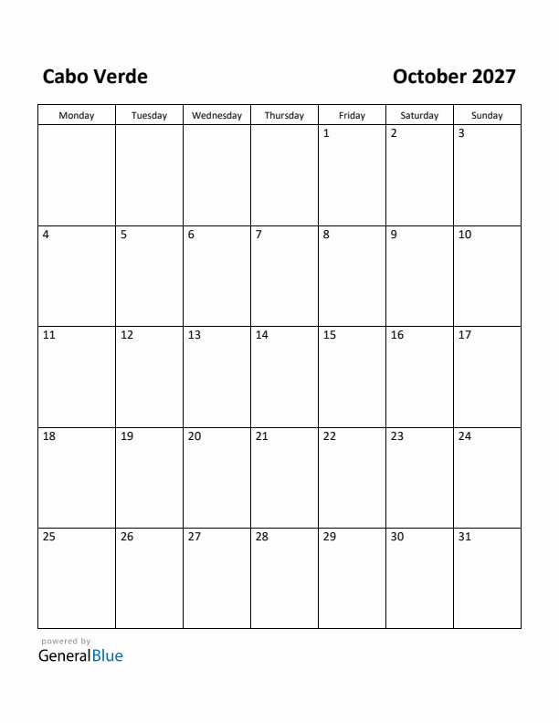 October 2027 Calendar with Cabo Verde Holidays