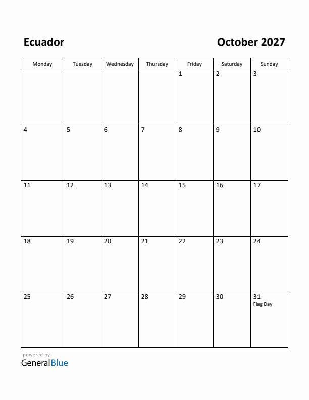 October 2027 Calendar with Ecuador Holidays