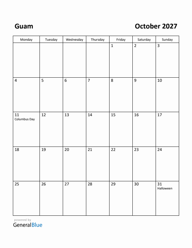 October 2027 Calendar with Guam Holidays